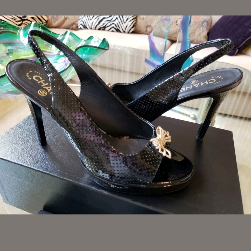CHANEL BLACK SLINGBACK PLATFORM PUMPS 40
